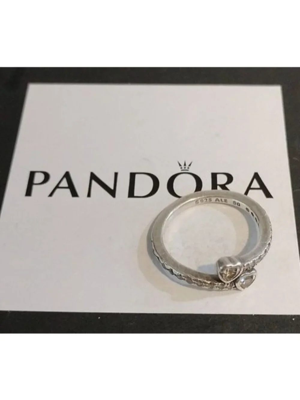 Pandora Two Sparkling Hearts Sterling Silver Ring 191023cz, size 50